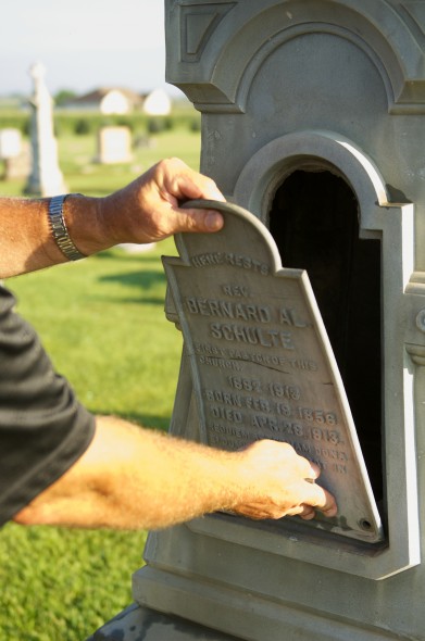 In Templeton, Iowa, Bernard Schulte's tombstone was once used to store Prohibition whiskey to hind from the revenue agents. Now, Templetone Rye whiskey is made and sold legally.