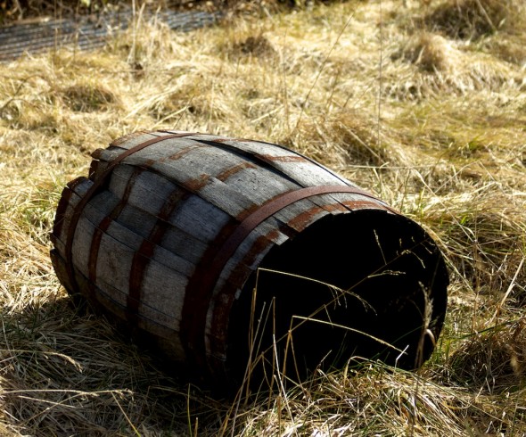 The Old Taylor Distillery once stored thousands of barrels. Today, the only barrel left is without whiskey or heads and has weeds growing through it.