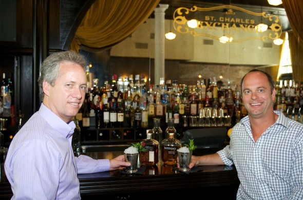 Louisville Mayor Greg Fischer (left) meets with Jefferson's Bourbon founder Trey Zoeller at the St. Charles Exchange in downtown Louisville. Photo by Fred Minnick.
