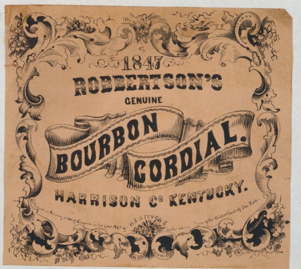 This Robertson's Genuine Bourbon Cordial label was found in the Library of Congress' photo collection. While the label says 1847, the Library says it was printed in 1857.