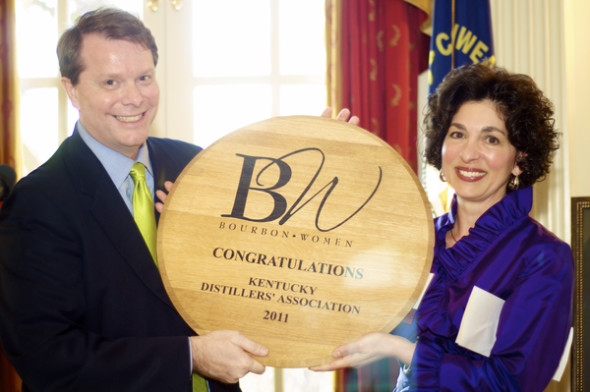 The Bourbon Women organization was founded in 2011. Eric Gregory, KDA president (left), and Peggy Noe Stevens, founder of BW. The fact this organization's kickoff meeting was in the Kentucky Governor's mansion shows how far bourbon clubs have come.