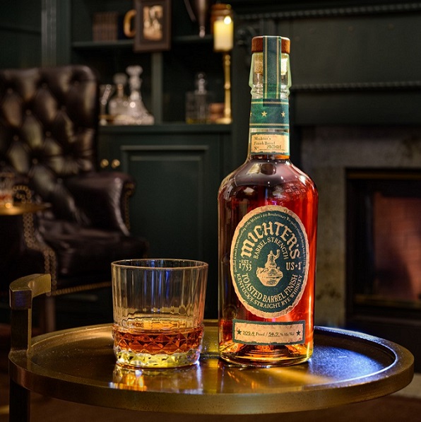 michter's toasted barrel rye bottle and glass lifestyle