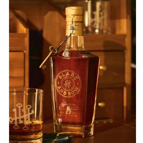 Blade and Bow 22-year-old bourbon bottle and glass SQUARE