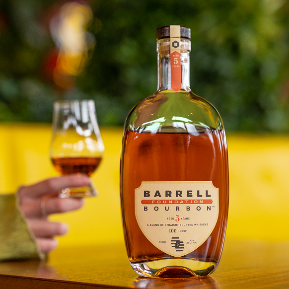 Barrell Foundation open bottle with glass