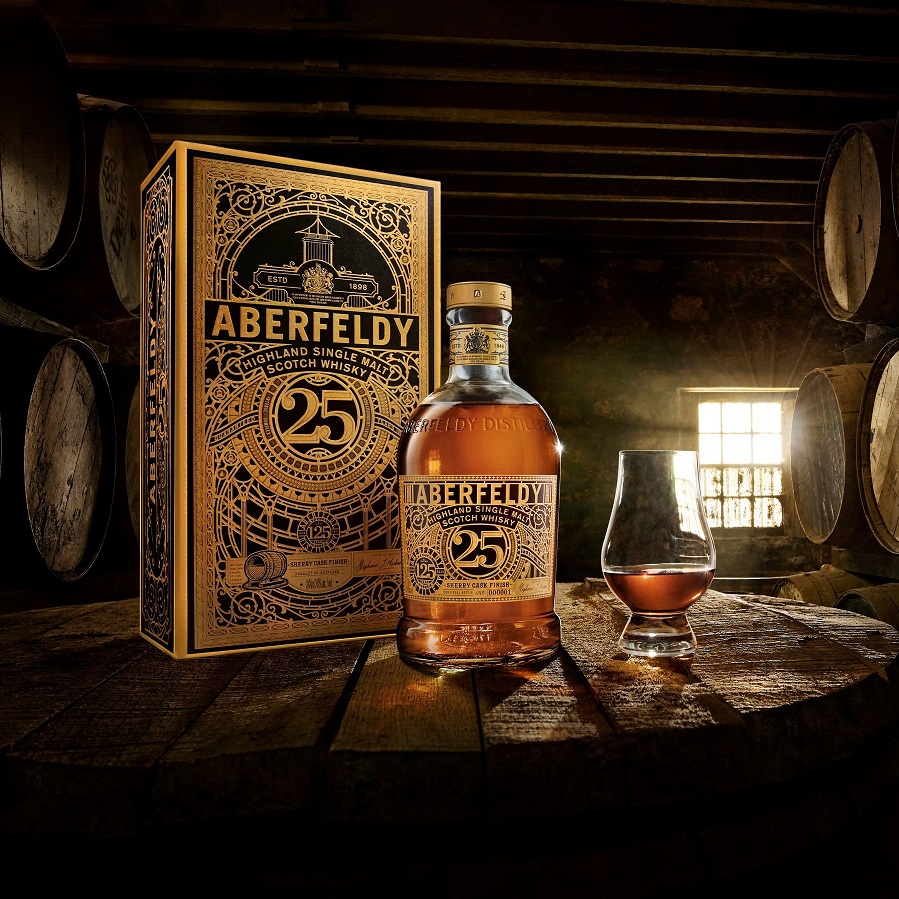 Aberfeldy 25 Year Bottle and glass in Barrel Room