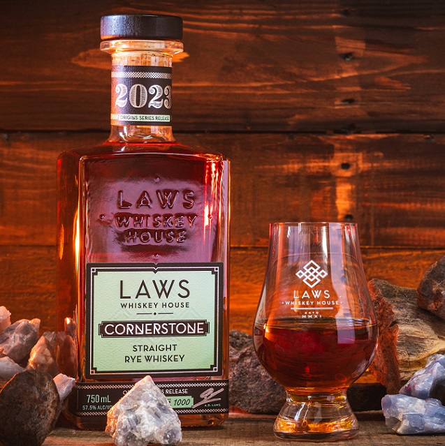 Laws Whiskey House Cornerstone Rye bottle and glass