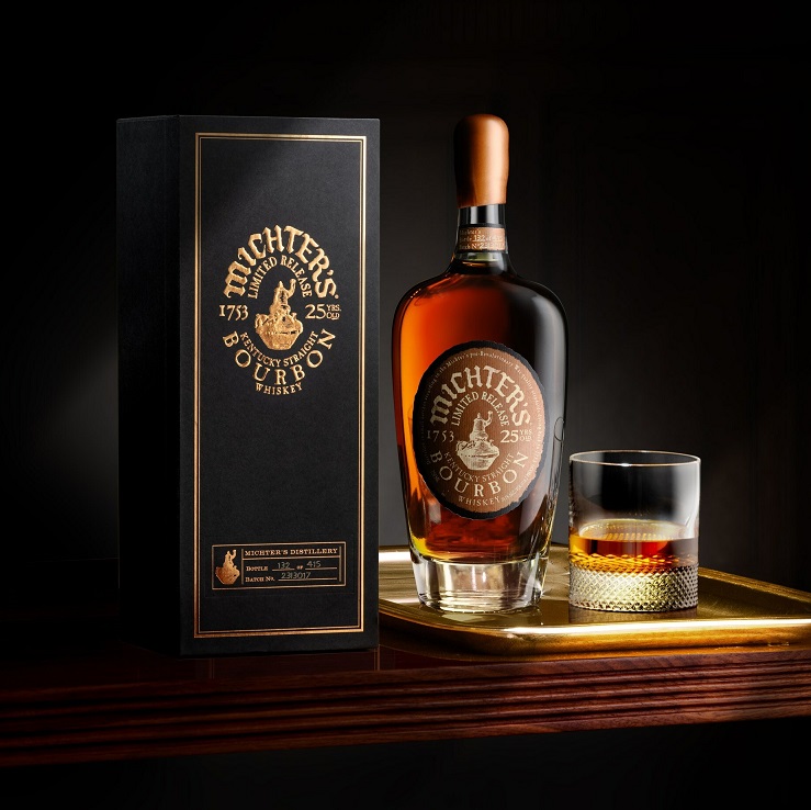 Michter's 25 Year Old bottle box and glass