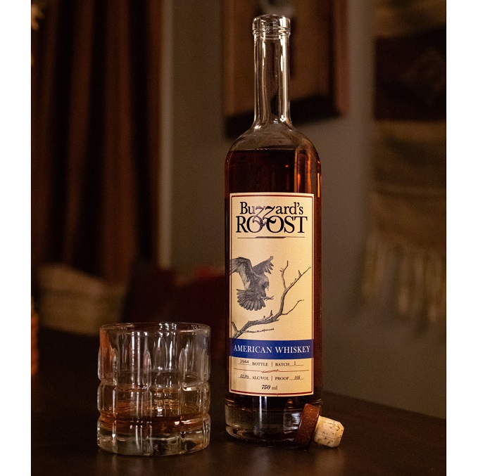 Buzzards Roost American Whiskey bottle and glass SQUARE