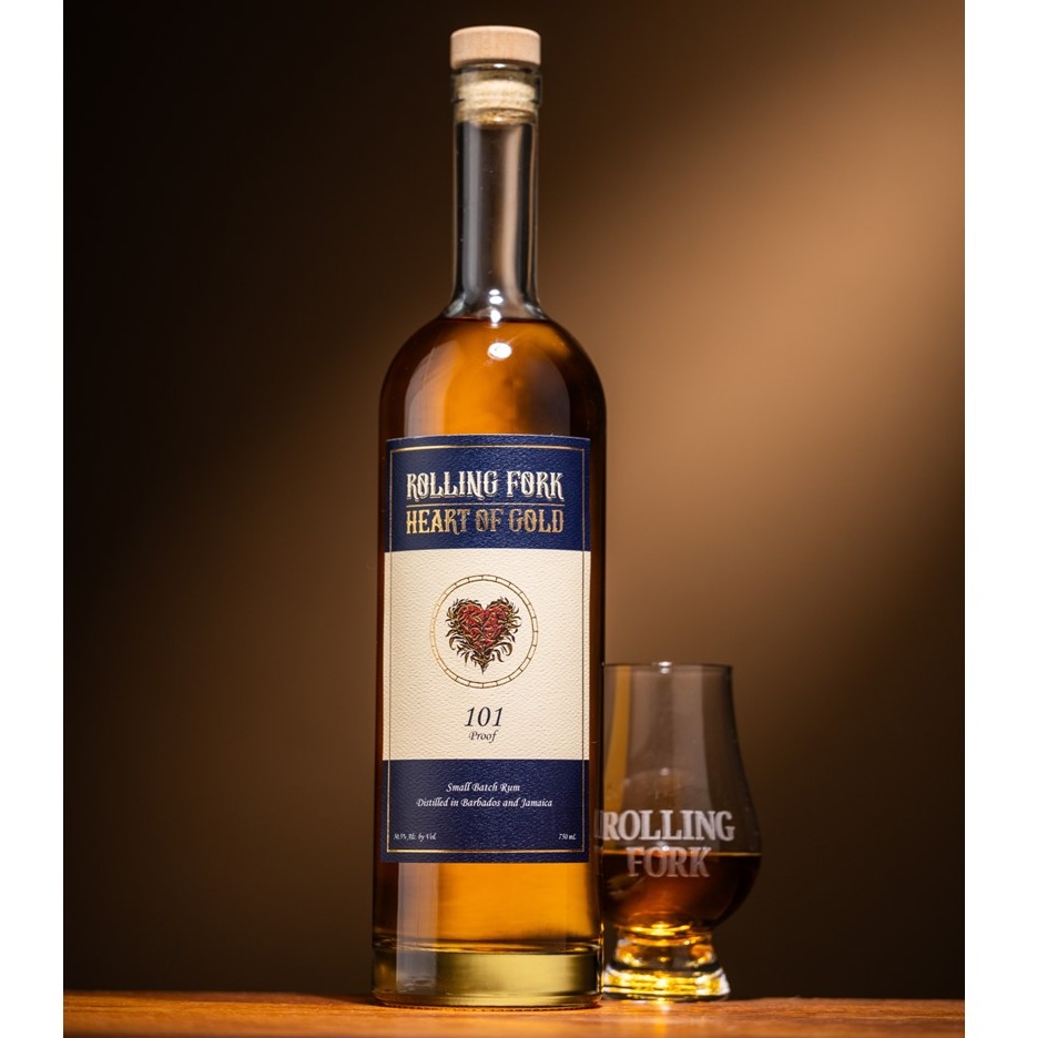 Rolling Fork Spirits Heart of Gold rum with glass SQUARE