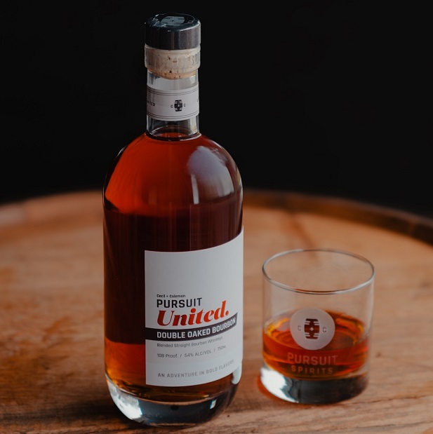 Pursuit United Double Oaked bottle and glass