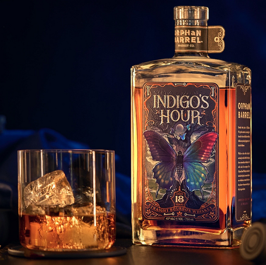 Orphan Barrel Indigo's Hour bottle and glass