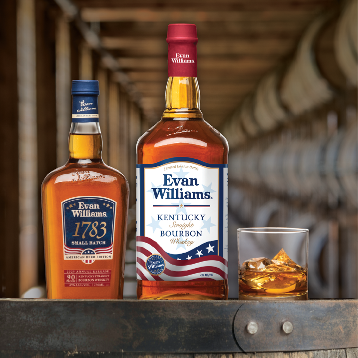 Evan Williams American-Made Heroes bottles with glass