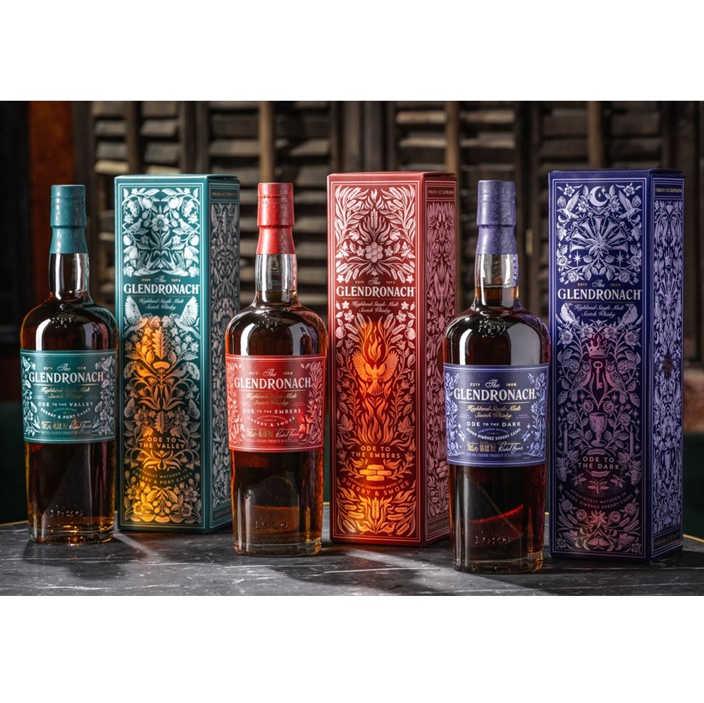 Glendronach Distillery Master’s Anthology series bottles and boxes