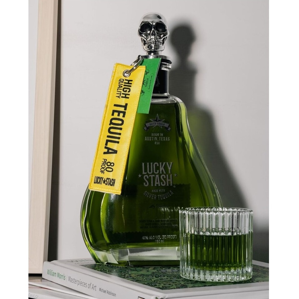 Lucky Stash tequila bottle and glass SQUARE
