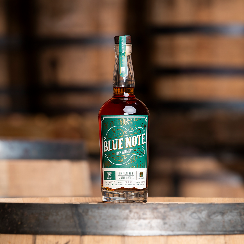 Blue Note Single Barrel Rye bottle on barrel