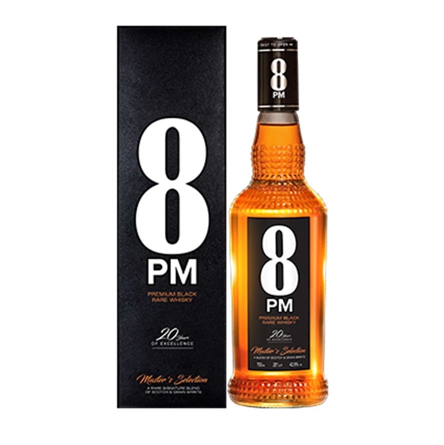 Radico Khaitan 8PM Premium Black bottle and box SQUARE