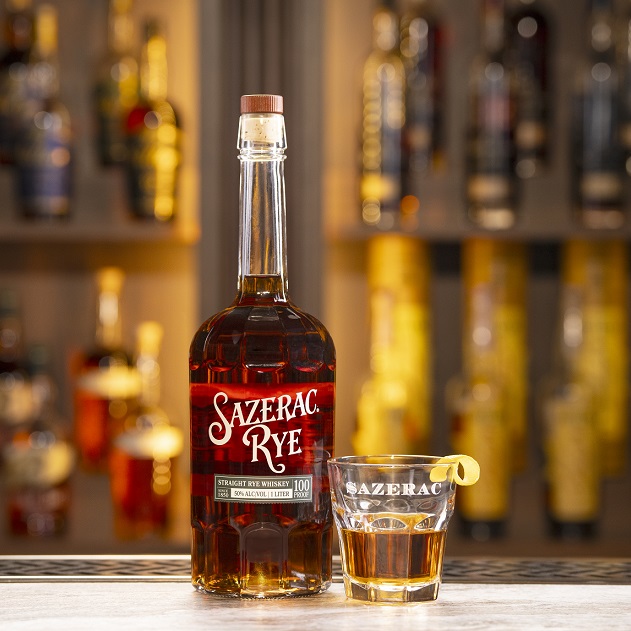 Sazerac Rye100 proof bottle on bar