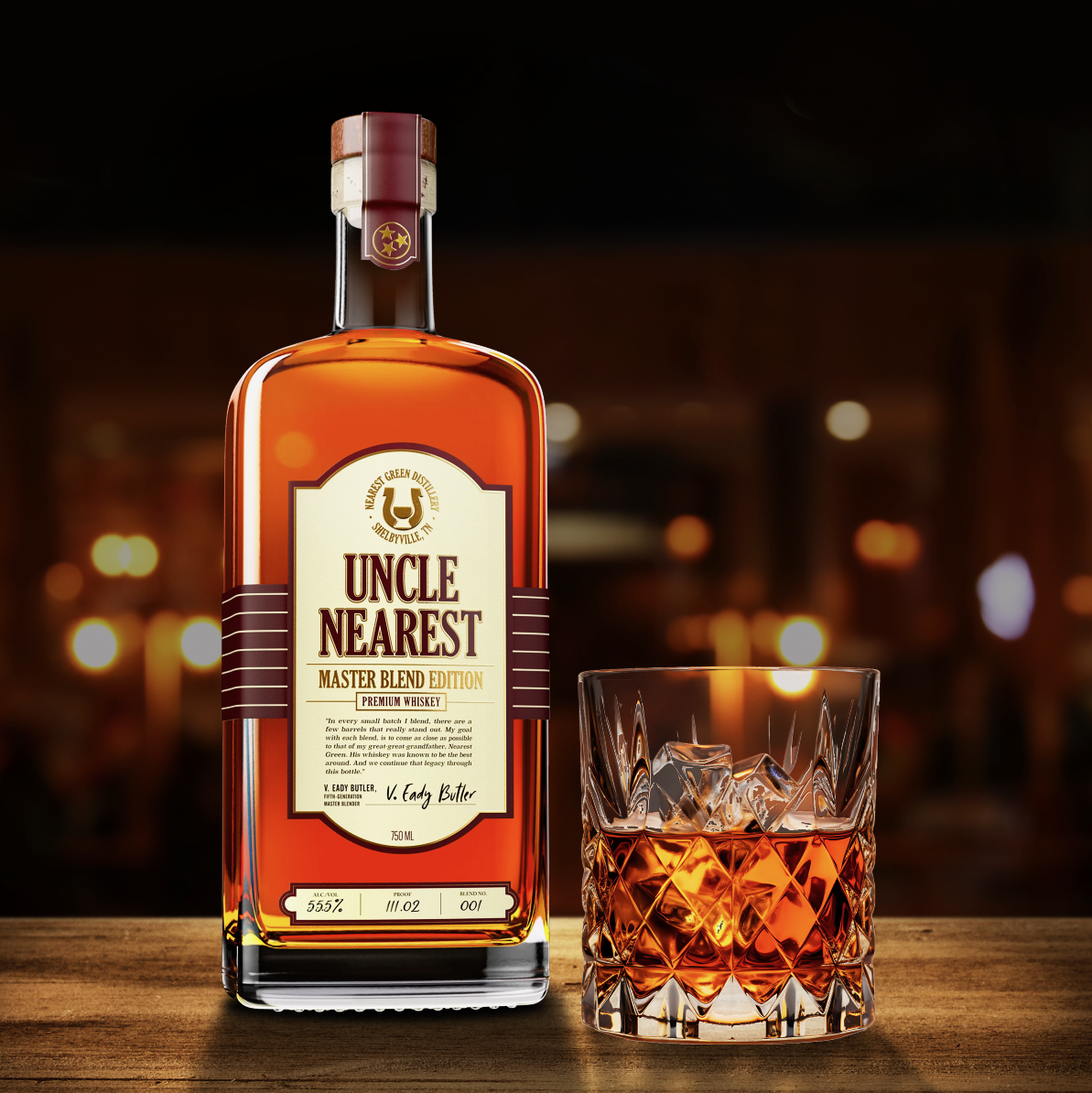 Uncle Nearest Masters Blend Edition bottle with pour