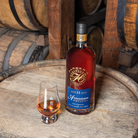 Heaven Hill Distillery 2025 Parker’s Heritage Collection bottle with glass