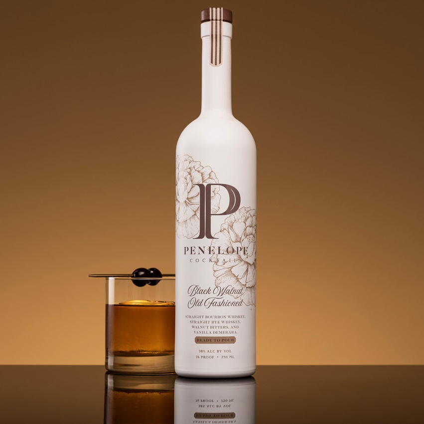 Penelope Black Walnut Old Fashioned bottle and cocktail