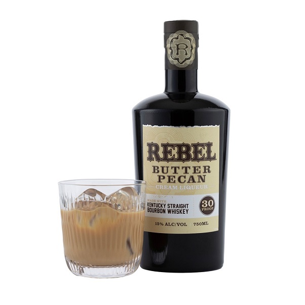 Rebel Butter Pecan Bourbon Cream bottle and glass