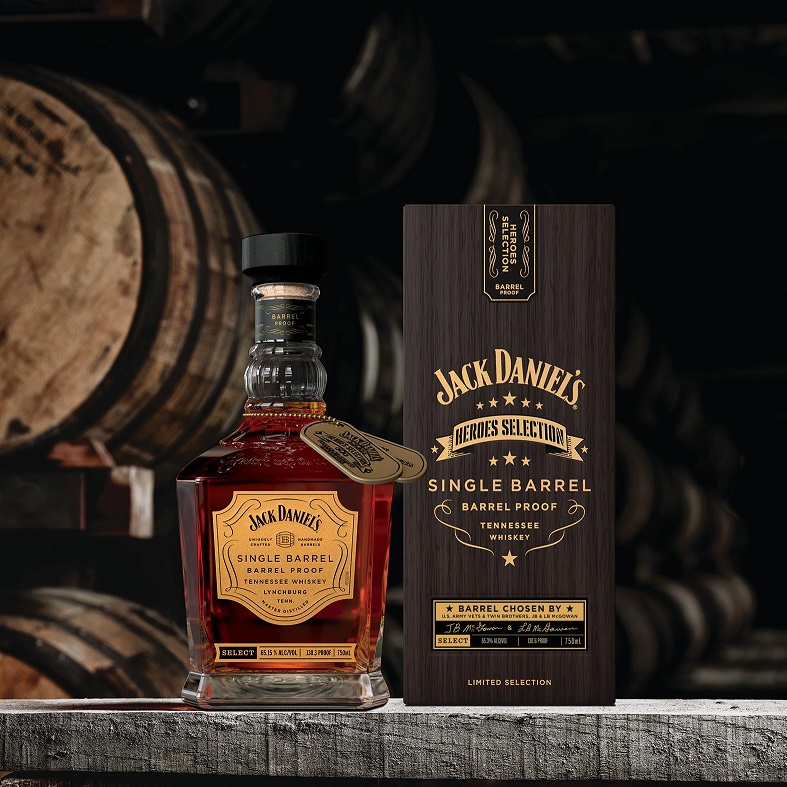 Jack Daniel's Heroes Selection bottle and box in rickhouse
