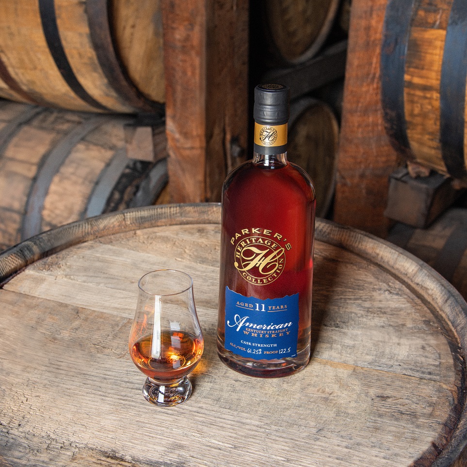 Parker's Heritage 2025 bottle on barrel