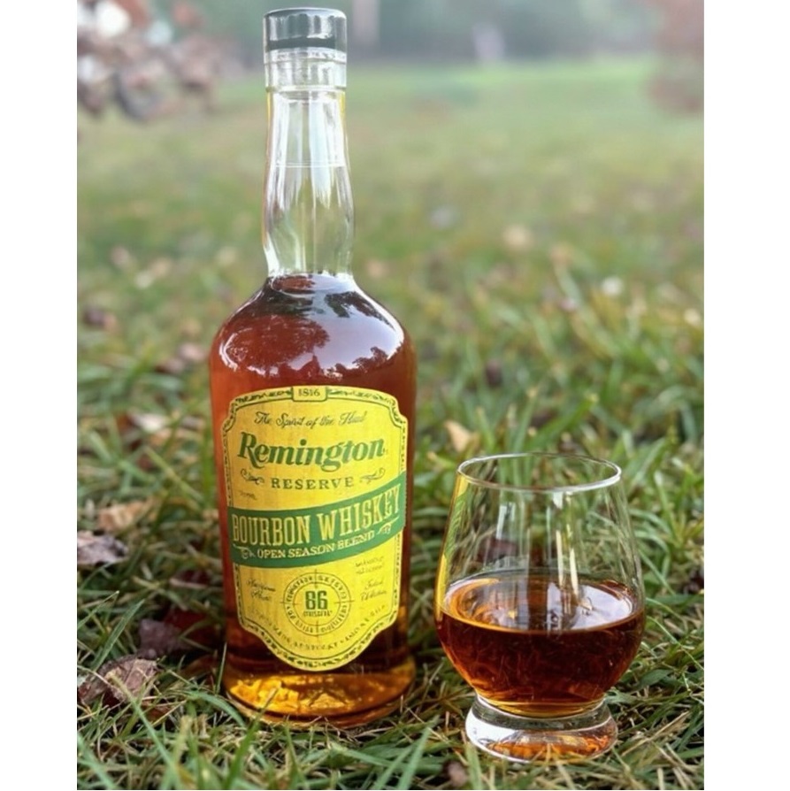 Remington Reserve Bourbon bottle and glass SQUARE