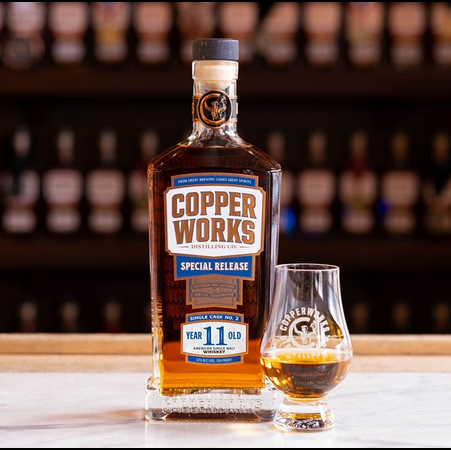 Copperworks Distilling Co. 11 Year American Single Malt bottle with pour