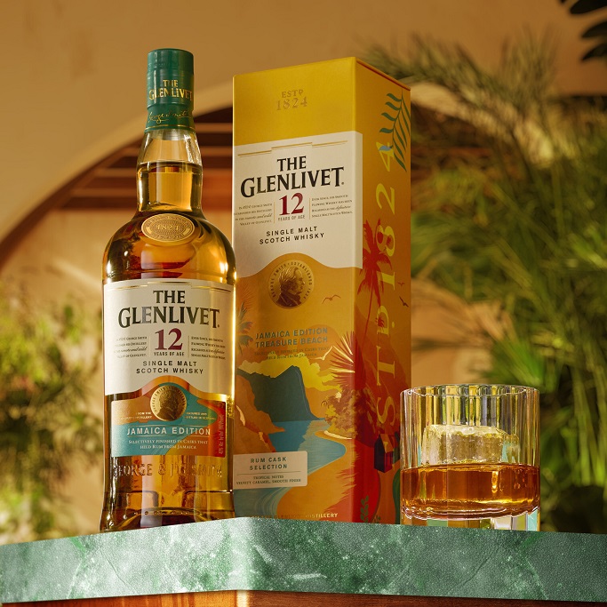 The Glenlivet 12 Year Old Jamaica Edition bottle box and glass