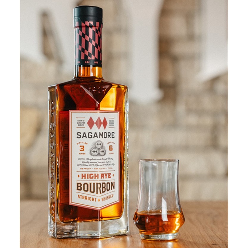 Sagamore Spirit bourbon bottle with glass SQUARE