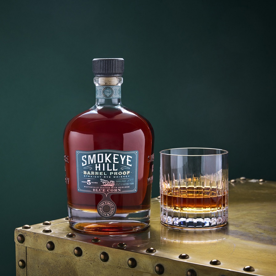 Smokeye Hill Barrel Proof Rye Whiskey bottle with pour