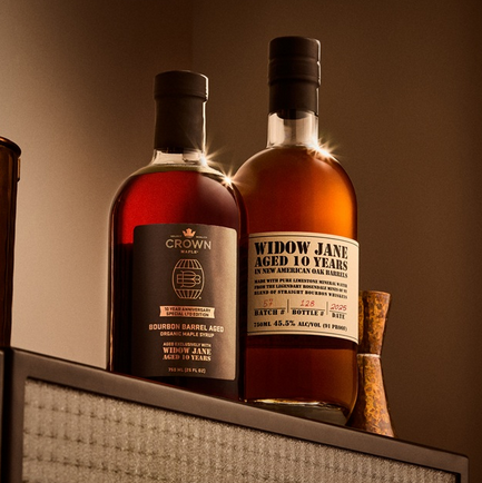 Crown Maple And Widow Jane Distillery Barrel-Aged Maple Syrup bottles