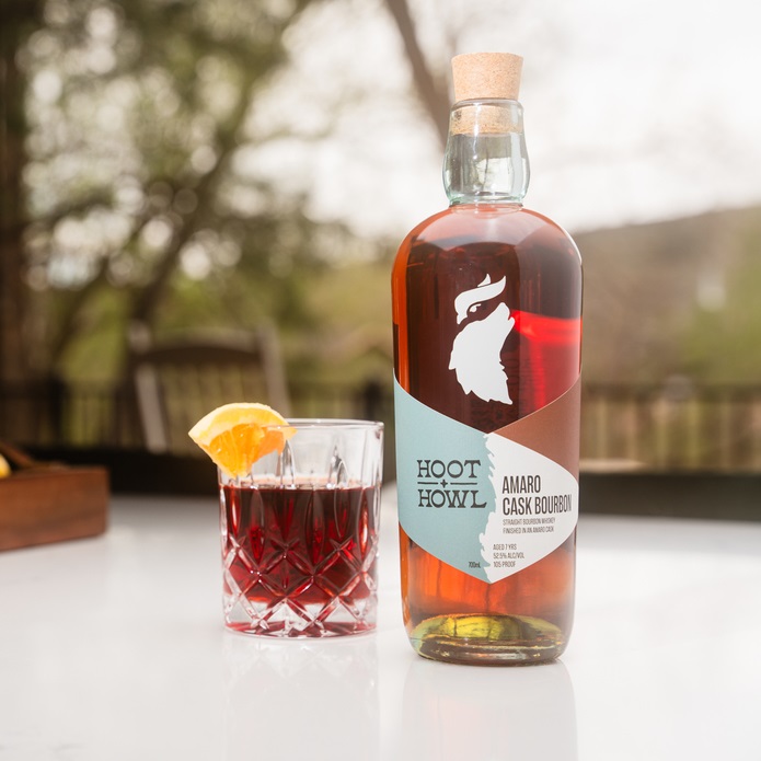 Hoot + Howl Amaro Cask Bourbon bottle and pour.