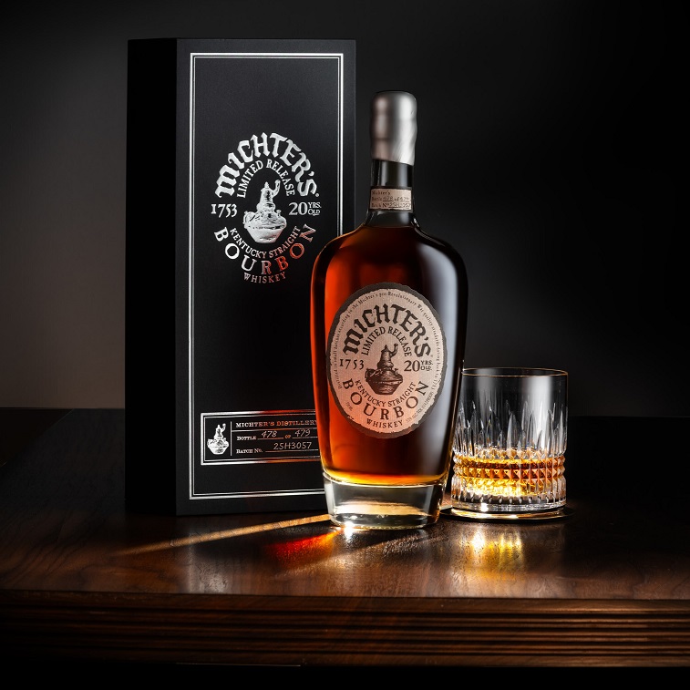 Michters - 20 Year Bourbon bottle box and pour