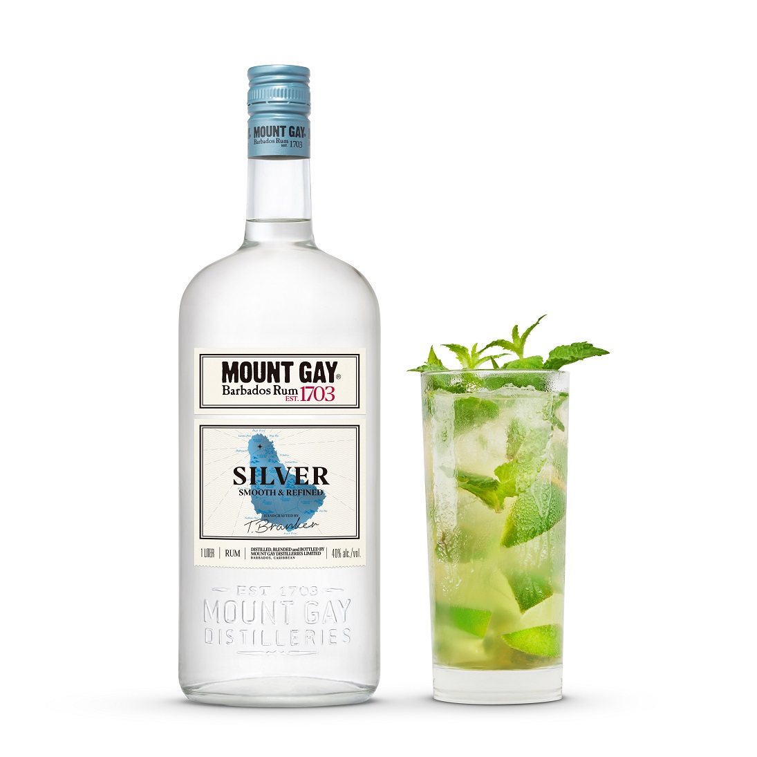 Mount Gay Rum Silver 1L US - Pack shot bottle & mojito