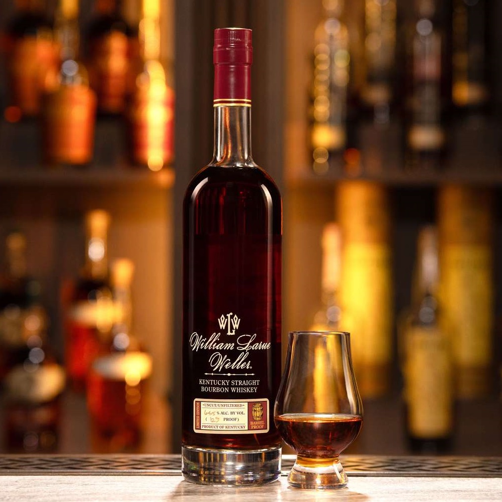Buffalo-Trace-Antique-Collection-2025-William LaRue Weller bottle and glass on bar