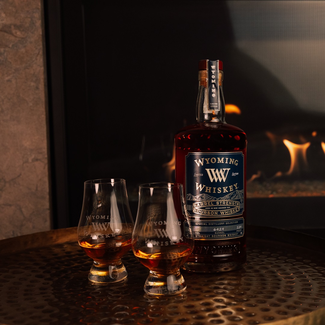 Wyoming Whiskey Barrel Strength #6429 bottle with two pours on table
