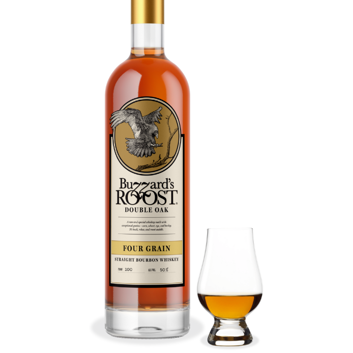 Buzzard's Roost Four Grain Double Barrel Bourbon bottle with pour