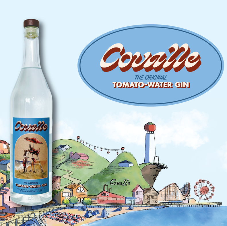 Covalle Tomato-Water Gin illustration with bottle and sign
