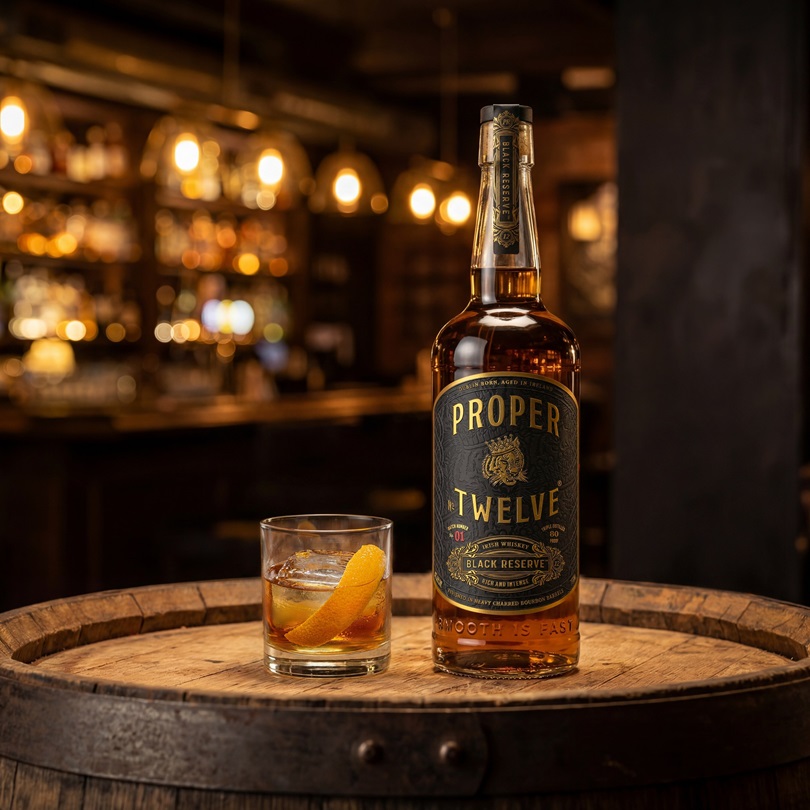 Proper No. Twelve Black Reserve bottle and cocktail on barrel