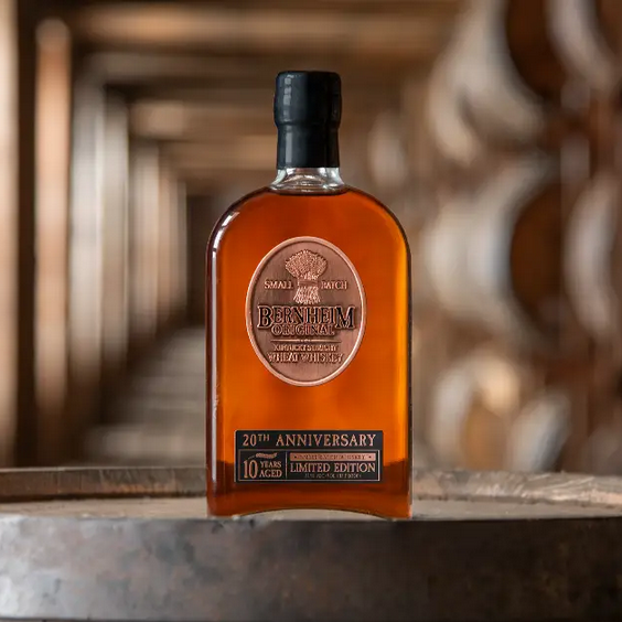 Heaven Hill Distillery Bernheim Wheat Whiskey 20th Anniversary Limited Edition bottle in rickhouse