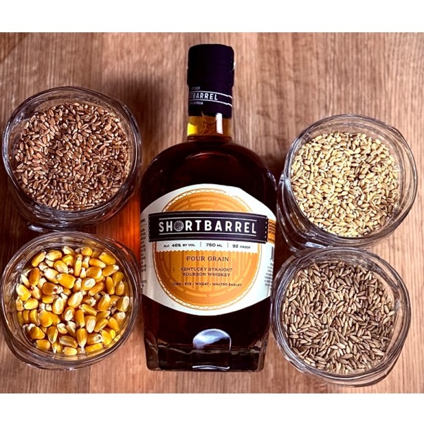 Shortbarrel Four Grain bottle with cups of grains