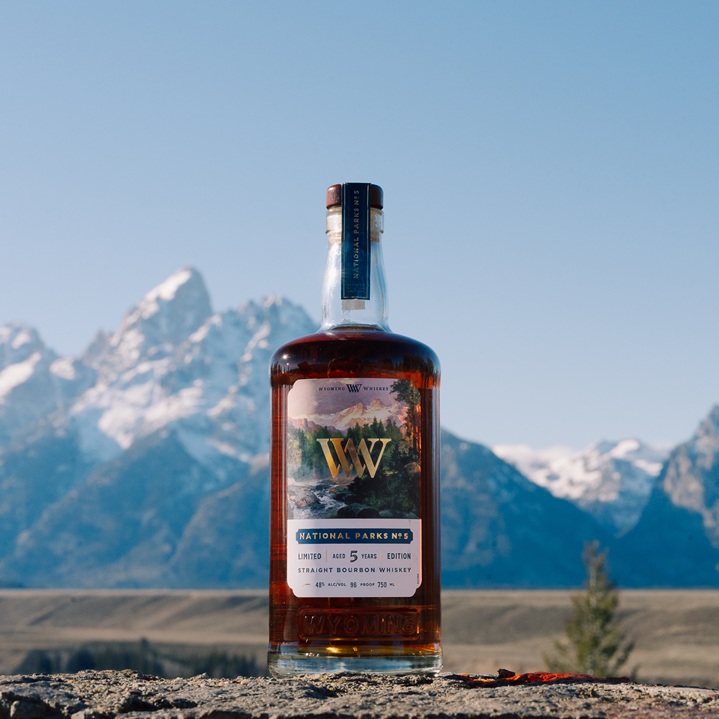 Wyoming Whiskey National Parks No. 5 bottle mountains in background