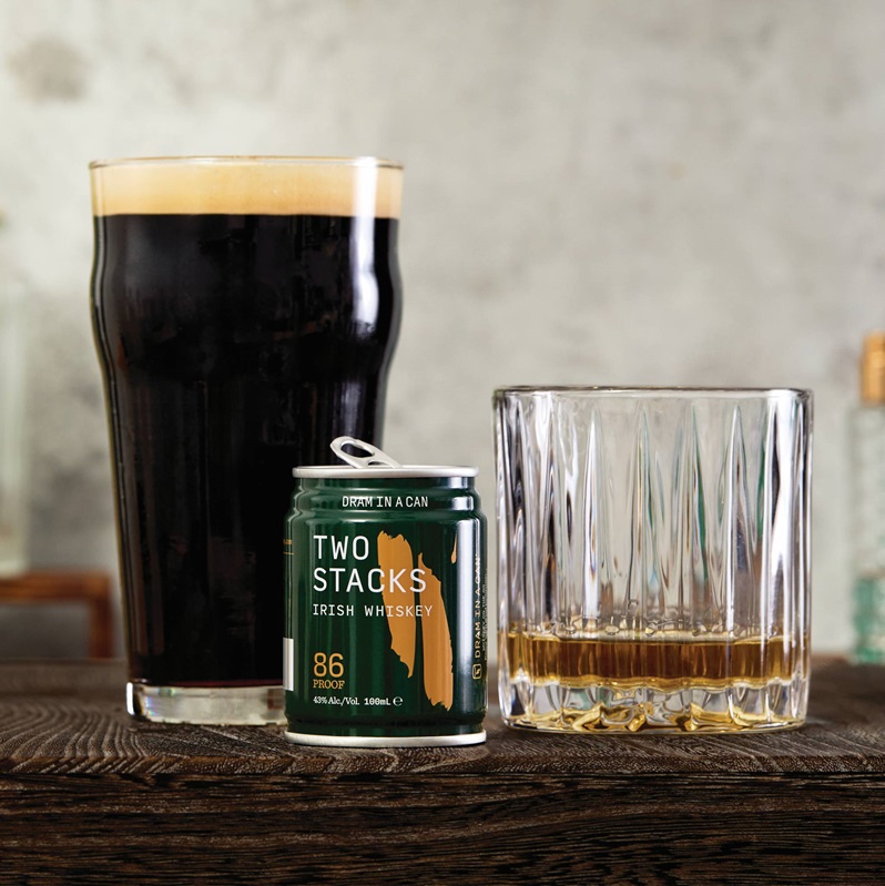 Two Stacks can with stout and Irish Whiskey neat pour