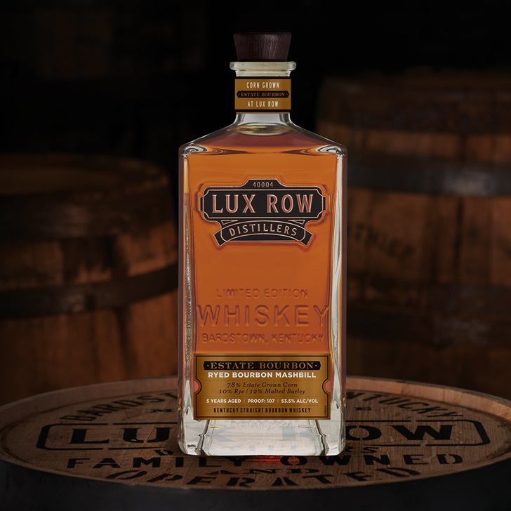 Lux Row Estate Bourbon bottle on barrel