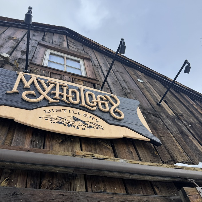 Mythology Distilling sign on barn tasting room SQUARE
