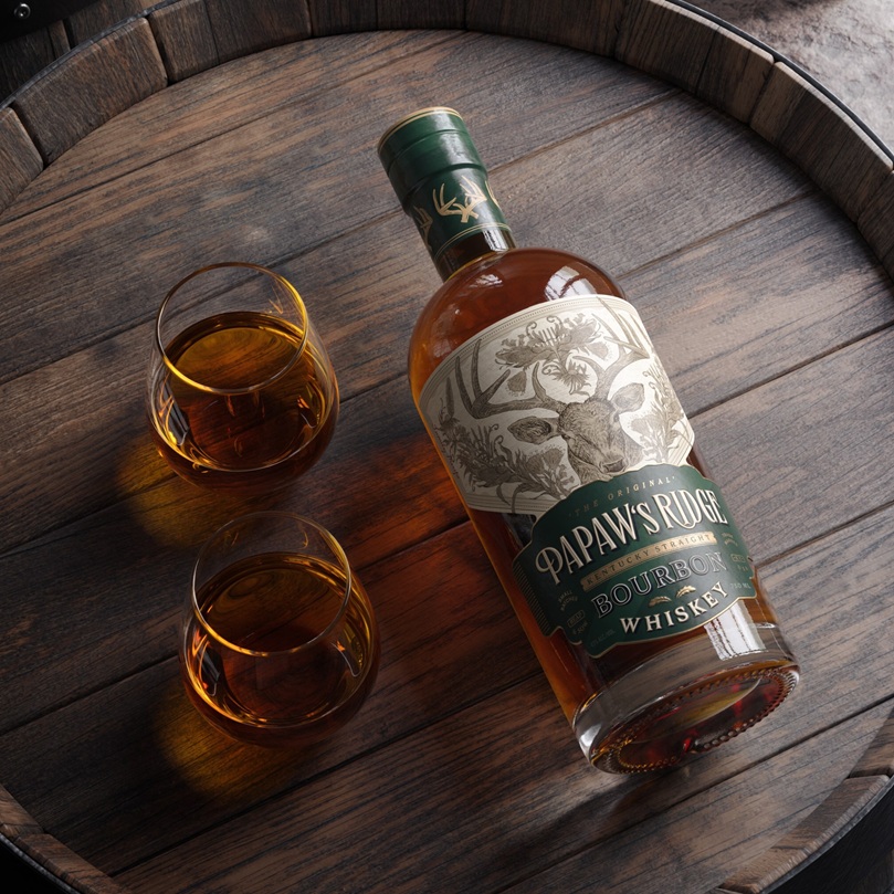 PaPaw's Ridge Kentucky Straight Bourbon bottle with pours on barrel