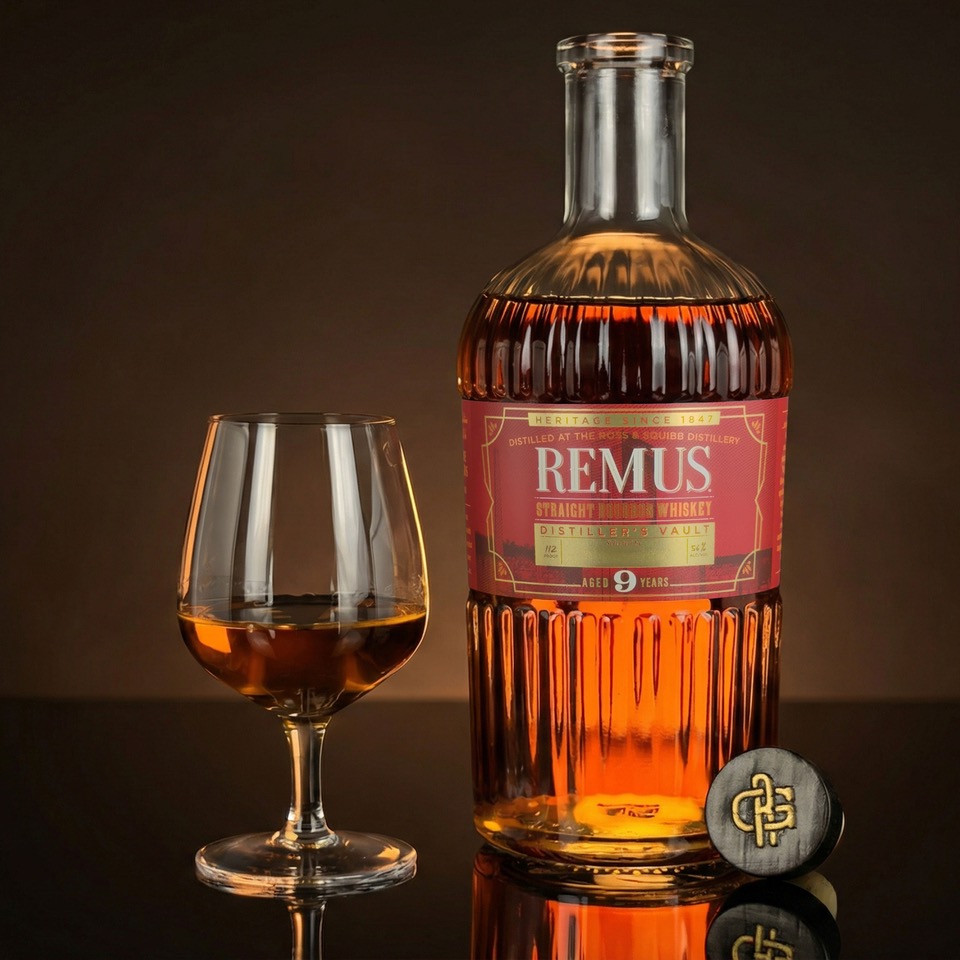 Ross & Squibb Remus Distillers Vault Glass and bottle