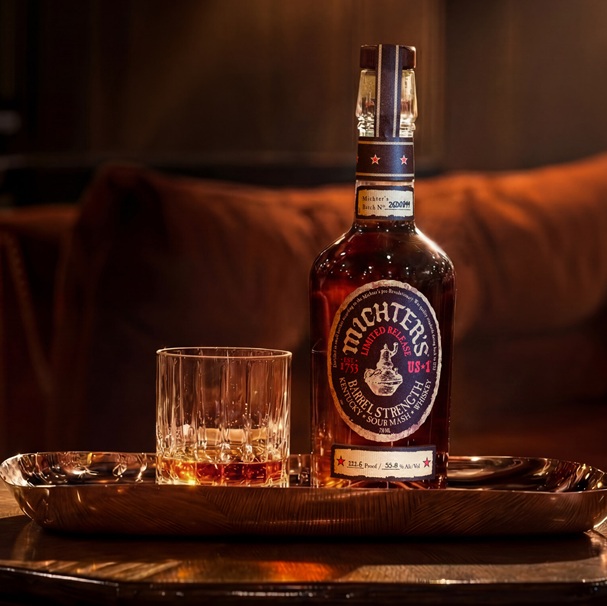 Michter's US★1 Barrel Strength Sour Mash bottle with pour on table